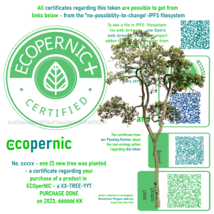 EU-TREE-1 bundle = EU-TREE-1-standard (1 new European tree is planted) PLUS  manually crafted individual AI/Blockchain Badge = Ecopernic Item