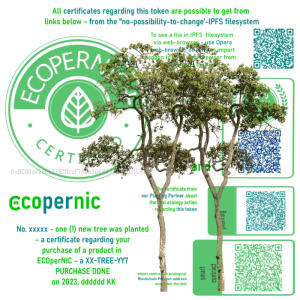 EU-TREE-2 bundle = EU-TREE-2-standard (two new European trees are planted) PLUS manually crafted individual AI/Blockchain Badge = 1 Ecopernic Item