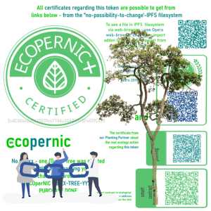 EU-TREE-XBT bundle /special version/ = EU-TREE-1-standard (1 new European tree is planted) PLUS manually crafted individual AI/Blockchain Badge PLUS crypto info = Ecopernic Item